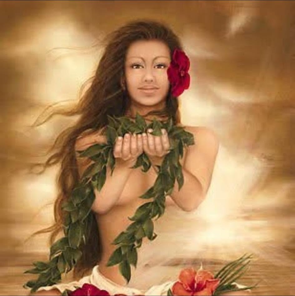 The aloha artwork — a woman offering a maile lei, in golden light