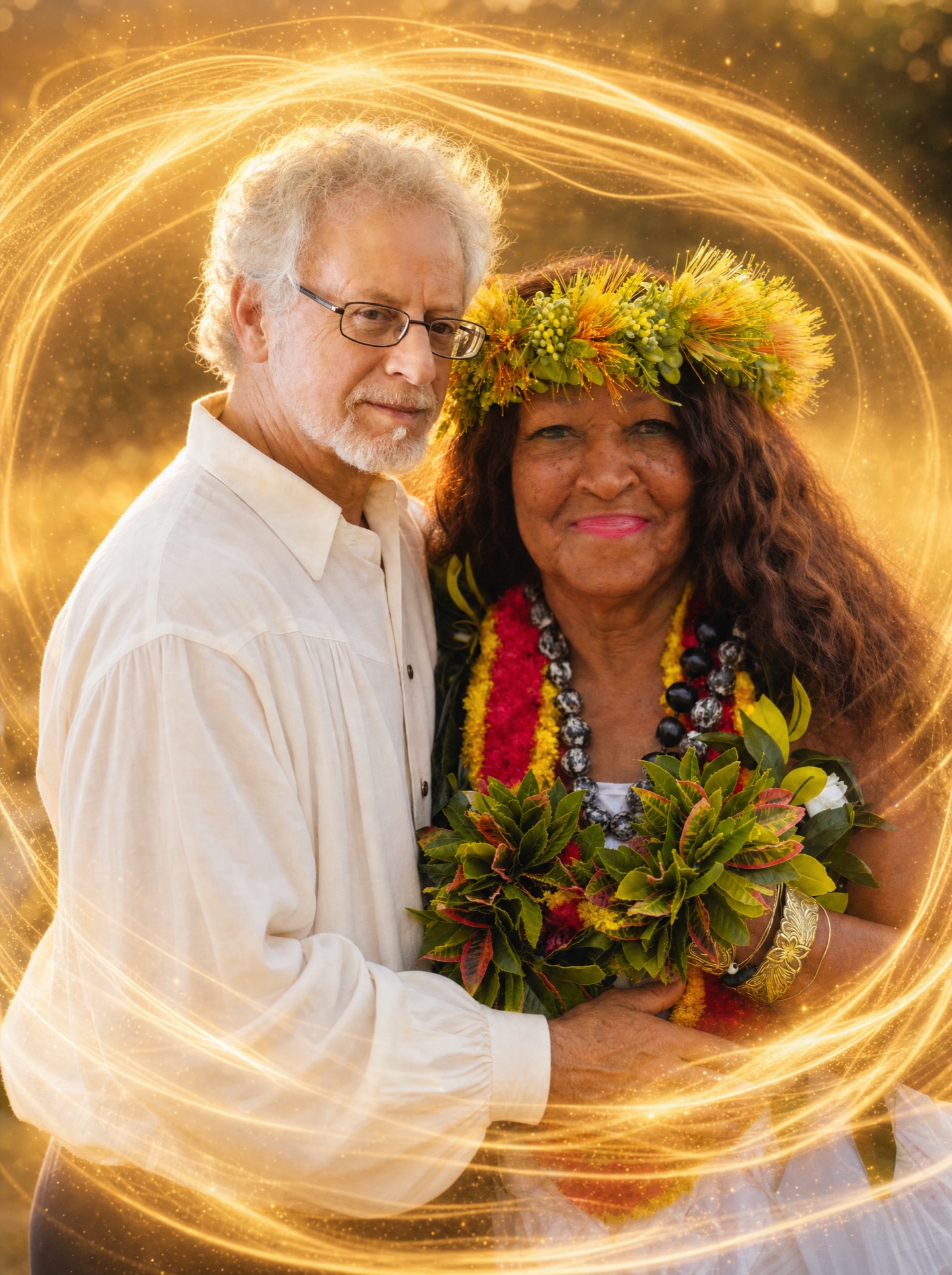 Steven Halpern and Kahu Kāhealani together inside a field of golden light