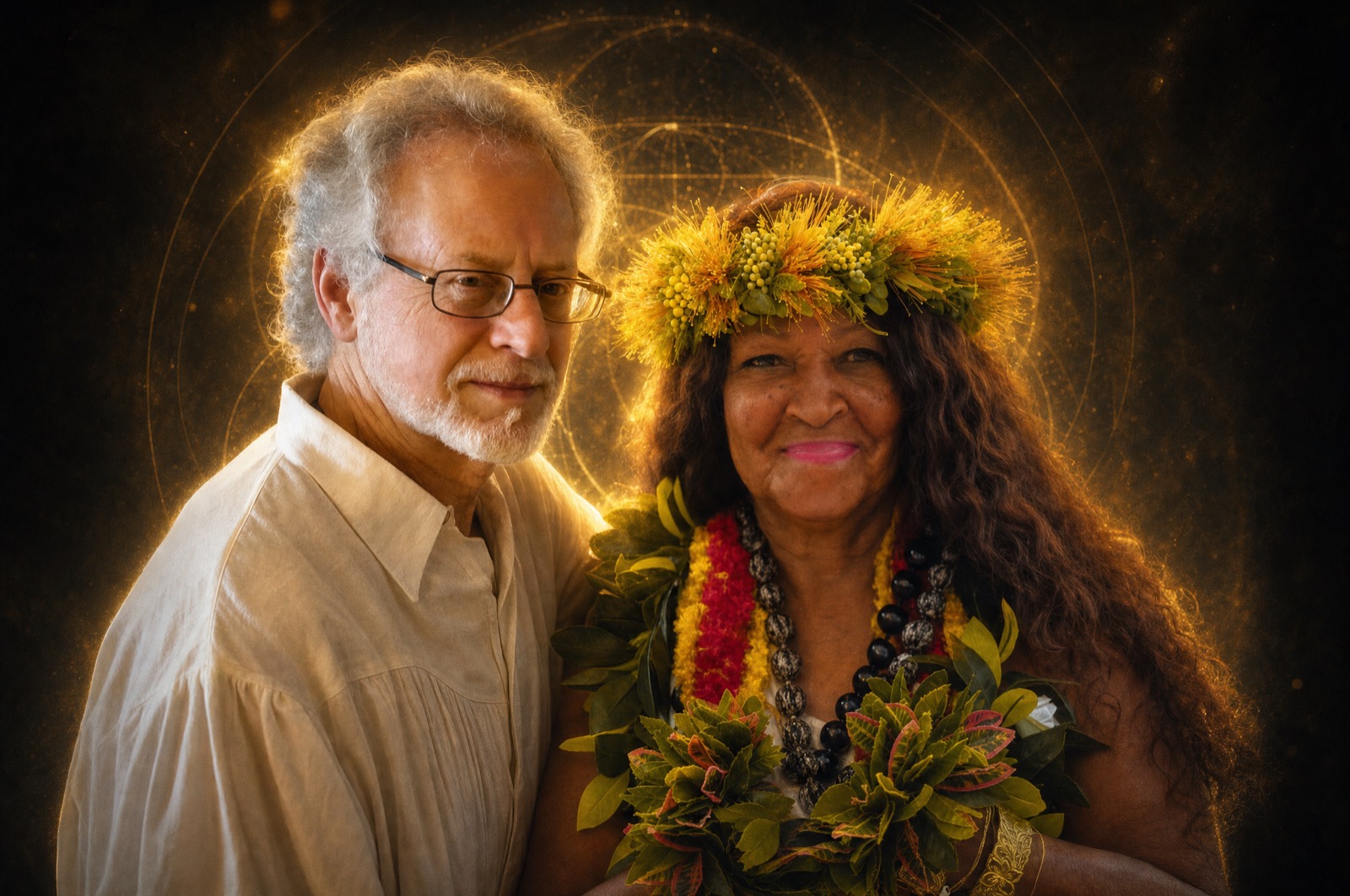 Steven Halpern and Kahu Kāhealani together, wrapped in golden light