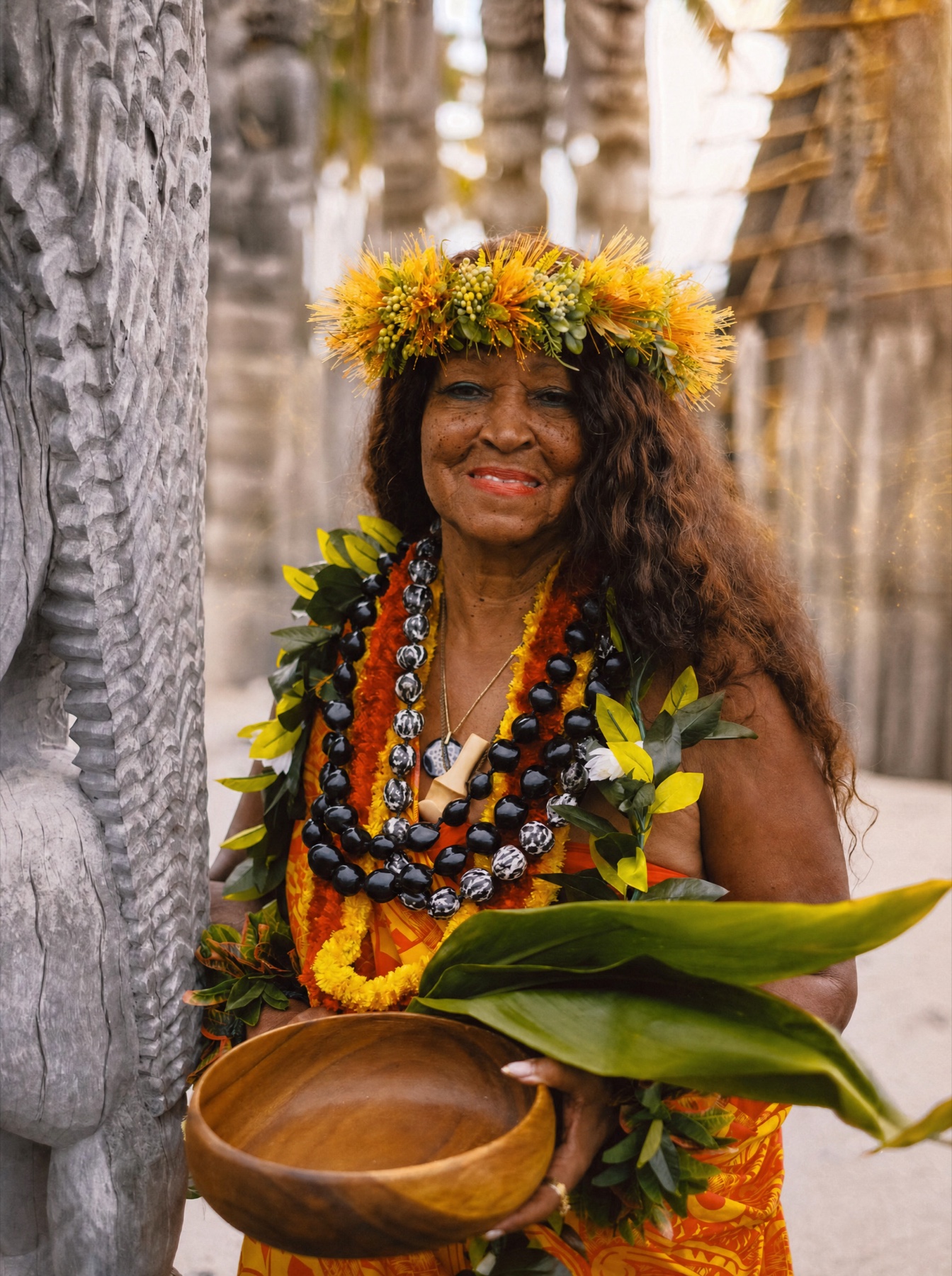 Kahu Kāhealani holding a koa bowl at a Hawaiian ceremonial site