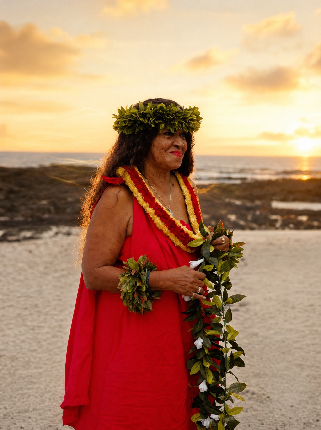 Kahu Kāhealani in a red kīhei on the shoreline at sunset, holding a maile lei