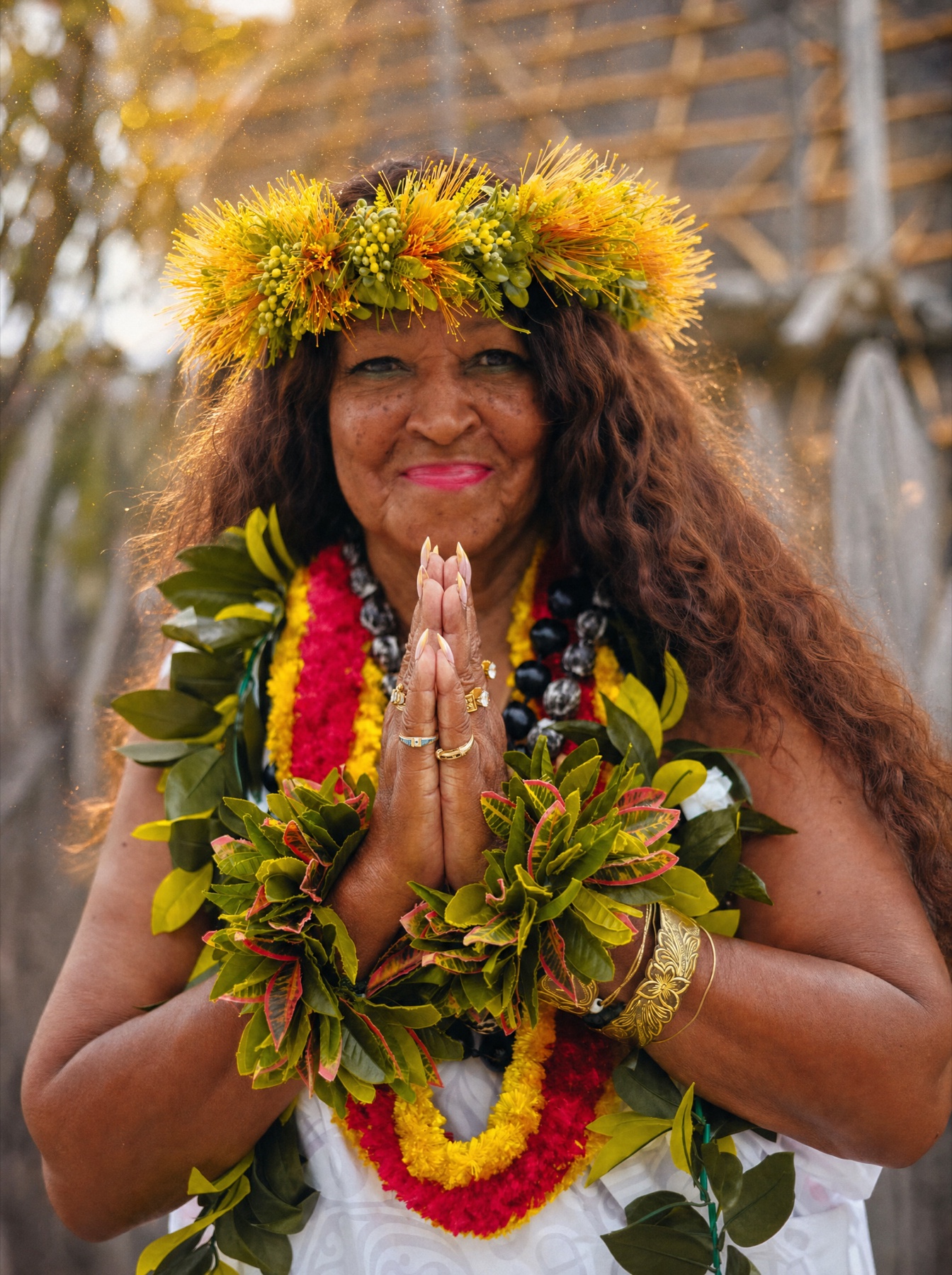 Kahu Kāhealani with hands together in prayer