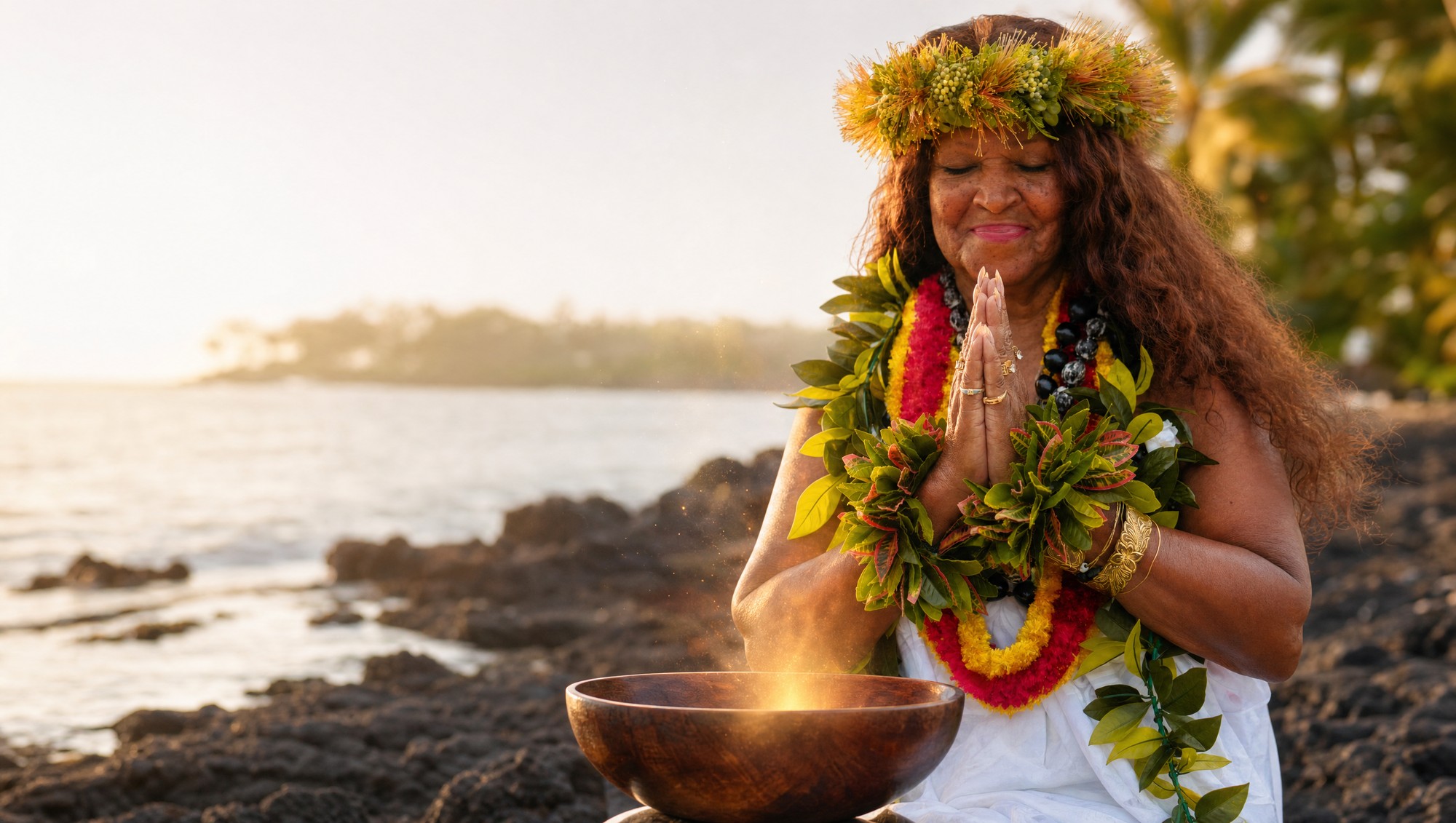 Kahu Kāhealani in prayer over a koa bowl on the lava shore at first light
